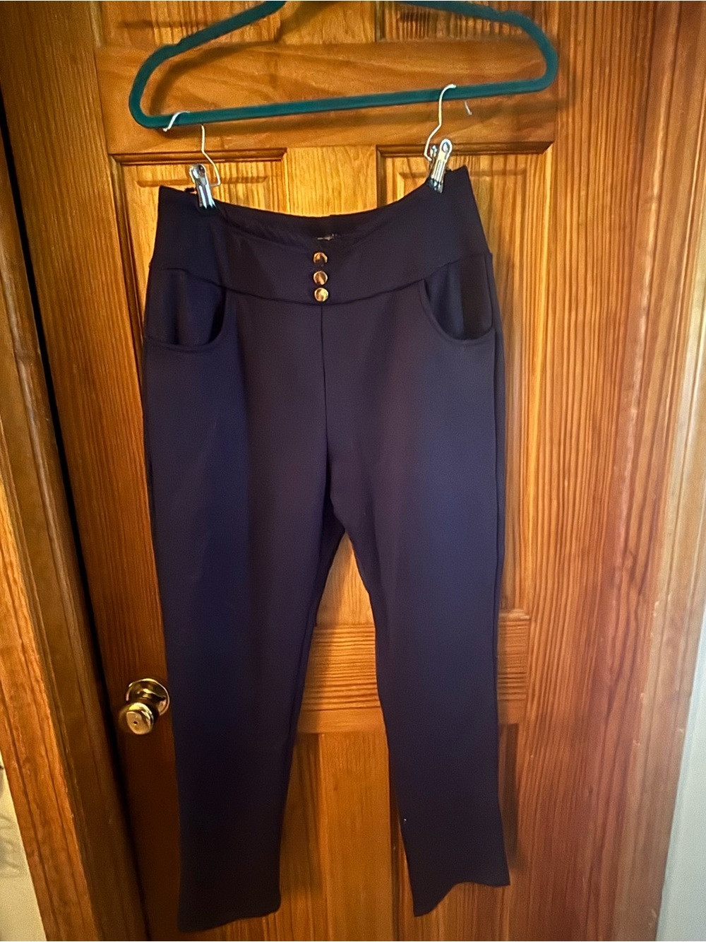 High-Waist Navy Stretch Ponte Pants with Front Buttons